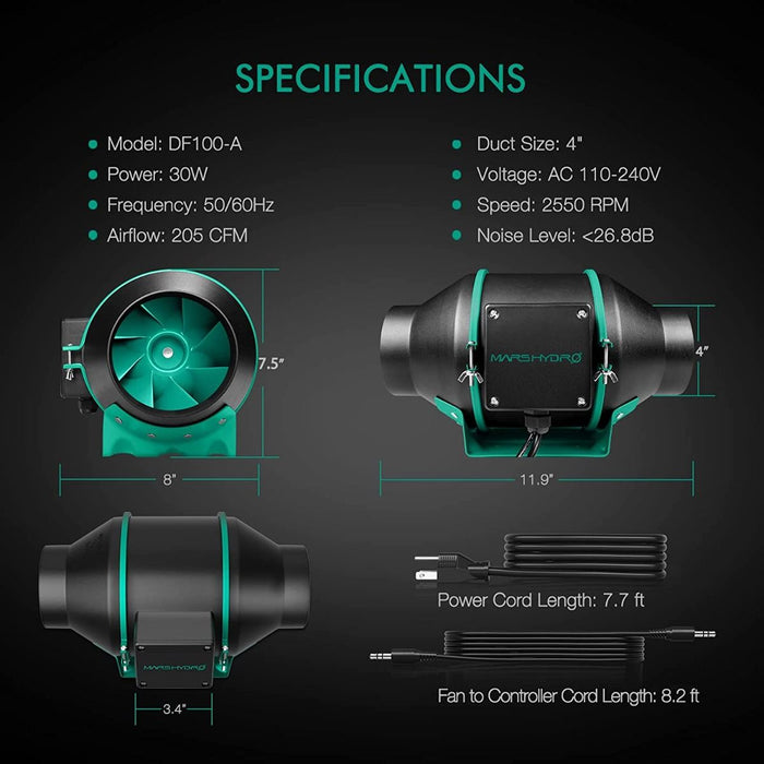 Mars Hydro 4" Inline Fan with Speed Controller Kit