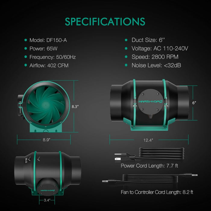 Mars Hydro 6" Inline Fan with Thermostat Controller Kit