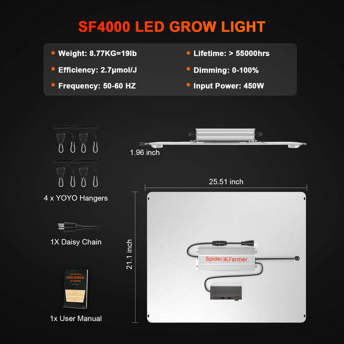 Spider Farmer SF4000 450W Dimmable Full Spectrum LED Grow Light